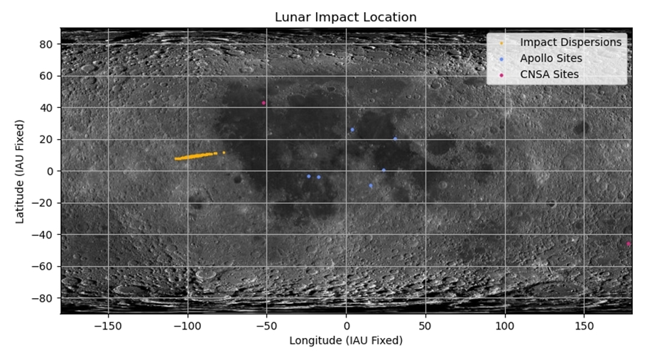 debris area of lunar impact by falcon 9 rocket not near any important sites on the Moon